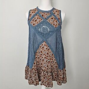 Umgee Crochet Lace‎ Blue Brown Ruffle Bottom Sleeveless Tank Top Size Small